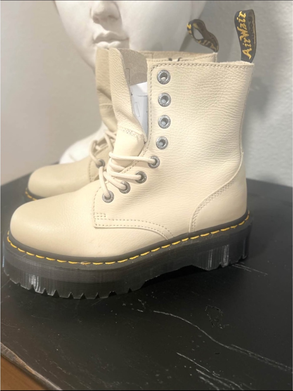 Platform Combat Boot in Cream with Yellow Stitching - Doc Martens